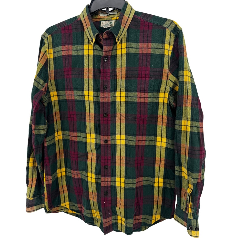 L.L.Bean Mens Flannel Shirt Large Green Yellow Plaid Slightly Fitted Cotton